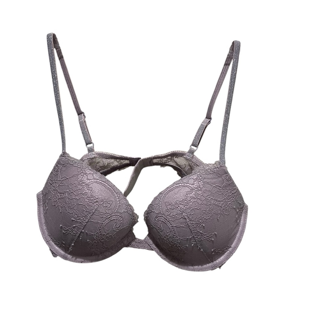 GapBody Favorite Demi Plunge Bra Lace Sparkle Strap Grey Purple Women’s Size 34B
